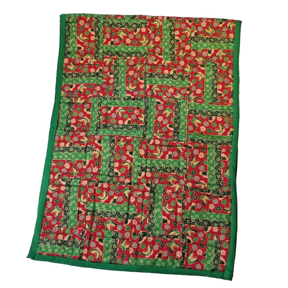 Table Runner Butterflies & Floral Design Red Green & Gold Handmade quilted Look